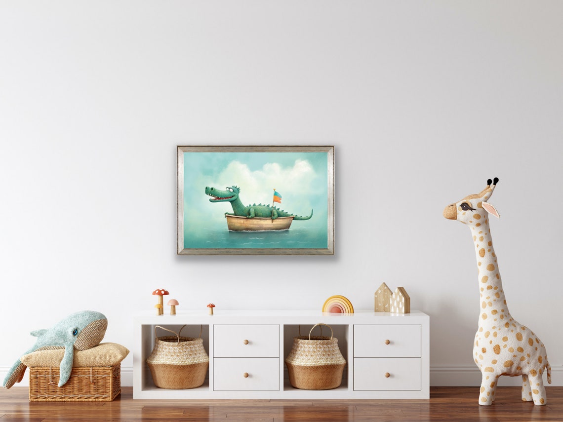 Smiling Alligator in a Rowboat Cute Nursery Illustration Wall Poster - Image 2