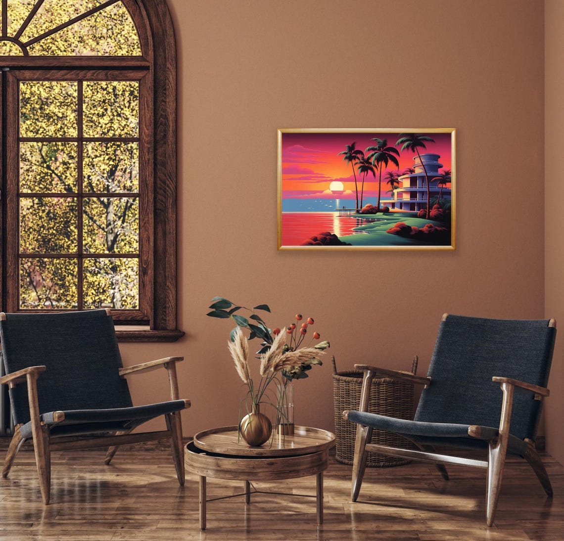 Miami Sunset Palm Trees Art Deco Tower Ocean Retro Scene Poster - Image 2
