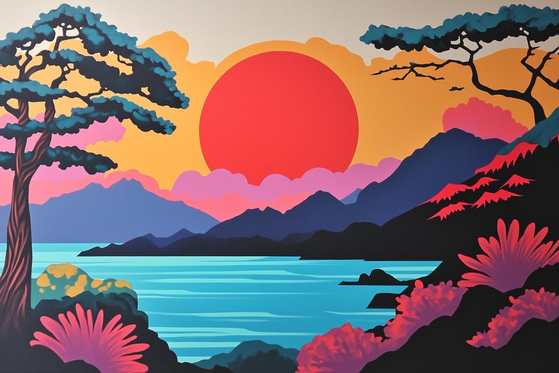 Japanese Sunset Red Sun Lake Mountain Pine Bold Style Art Poster