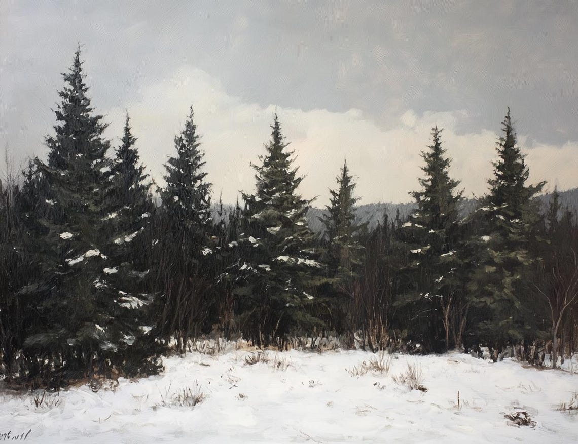 Snowy Pine Forest Winter Landscape Painting Under Pale Sky Poster