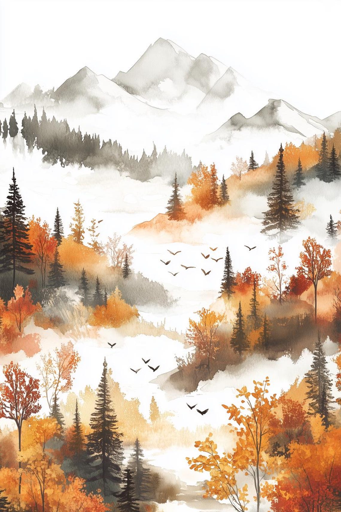 Misty Autumn Mountains Ink Wash Pine Forest Birds Art Poster