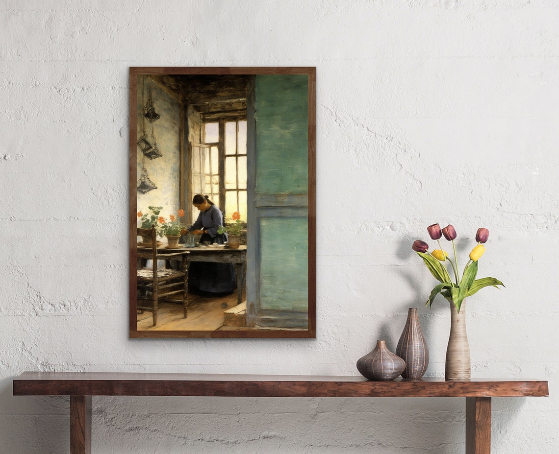 Quiet Country Interior Woman Arranging Flowers by Window Poster - Image 2