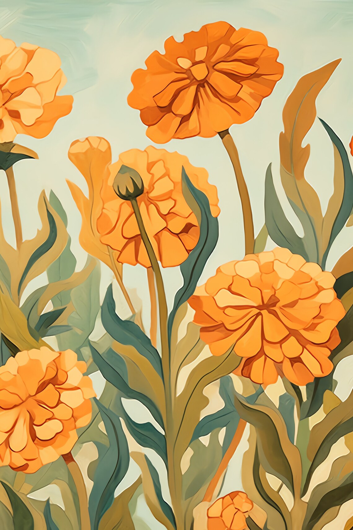 Georgia Okeeffe Inspired Marigold Bouquet With Orange And Yellow Colors Custom Print