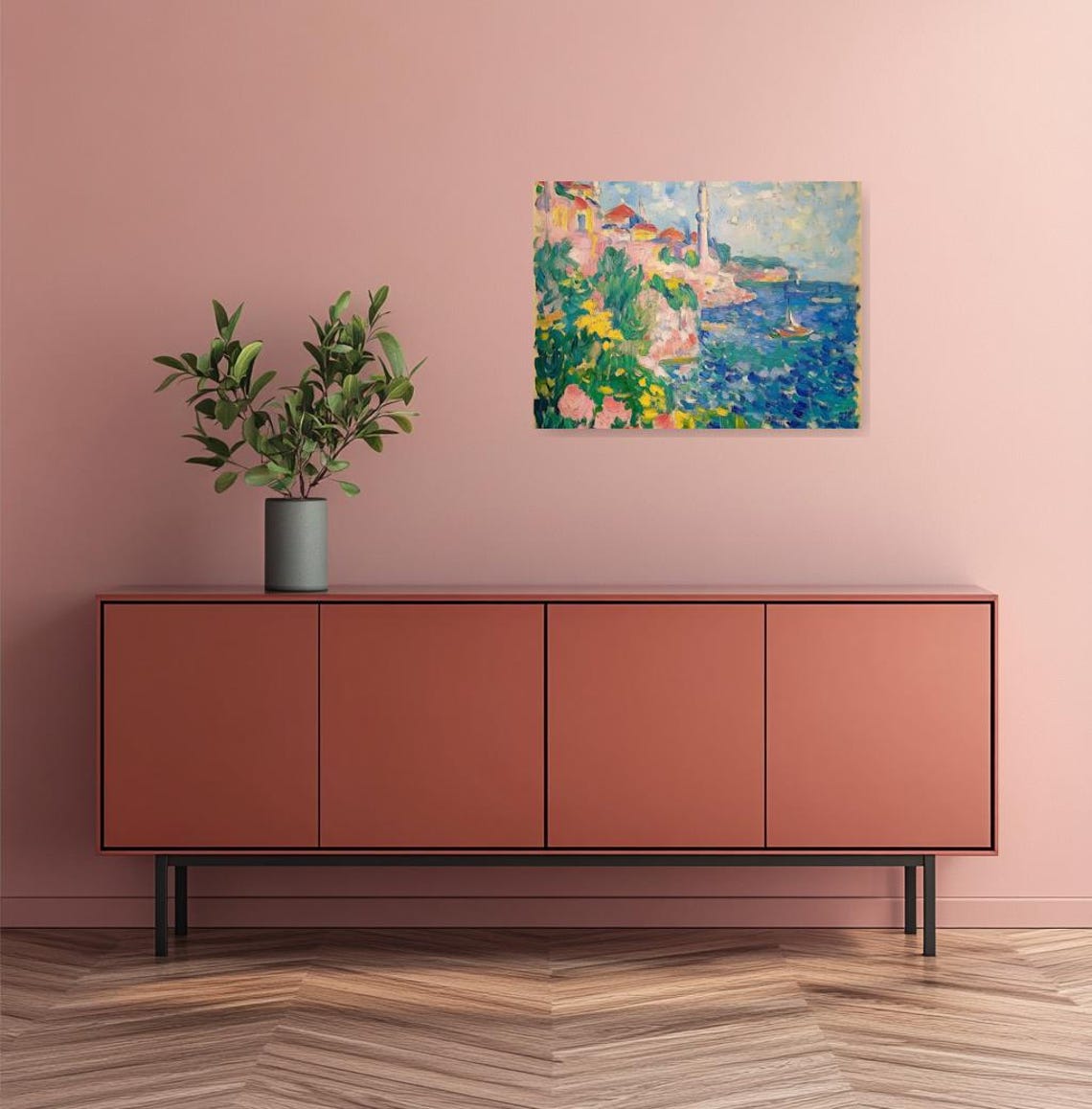 Coastal Hillside Town With Blossom Trees Poster in Bright Oils - Image 2
