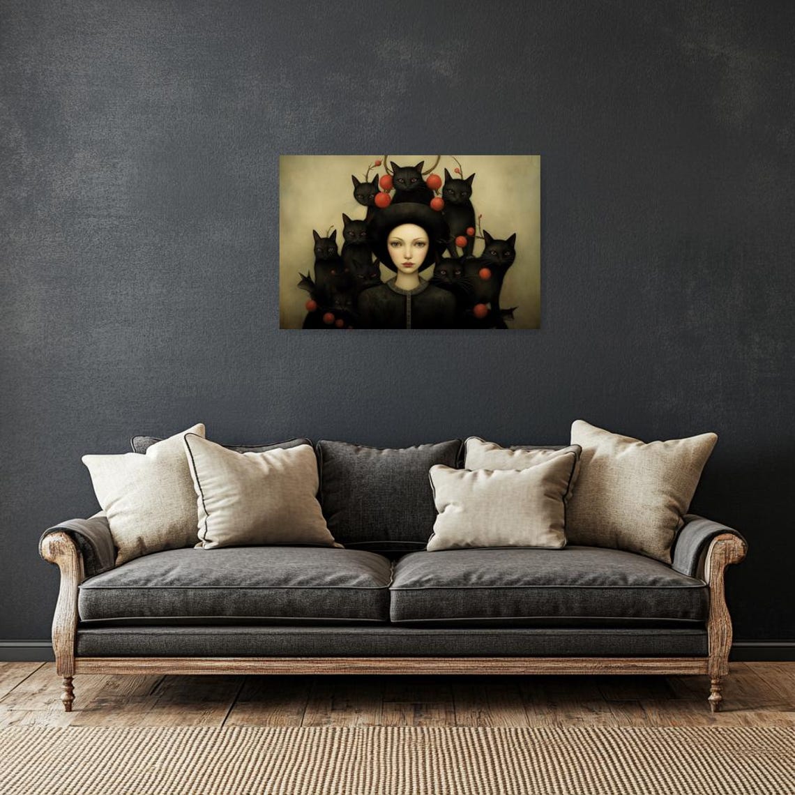 Pale Woman Surrounded by Black Cats Dark Surreal Whimsical Poster - Image 3