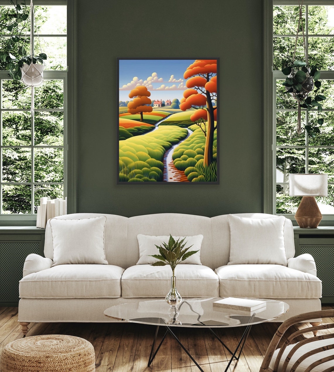 Paul Corfield Inspired Stream Through Green Fields And Bright Orange Trees Artwork Wall Art Custom Curators - Image 2