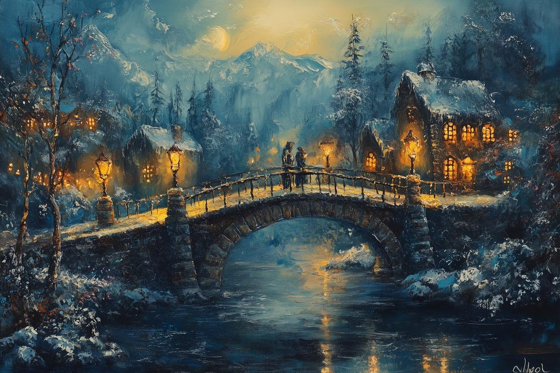 Winter Bridge Print Inspired By Impressionist Art With Cozy Snowy Scene And Warm Lantern Lights For Home Decor