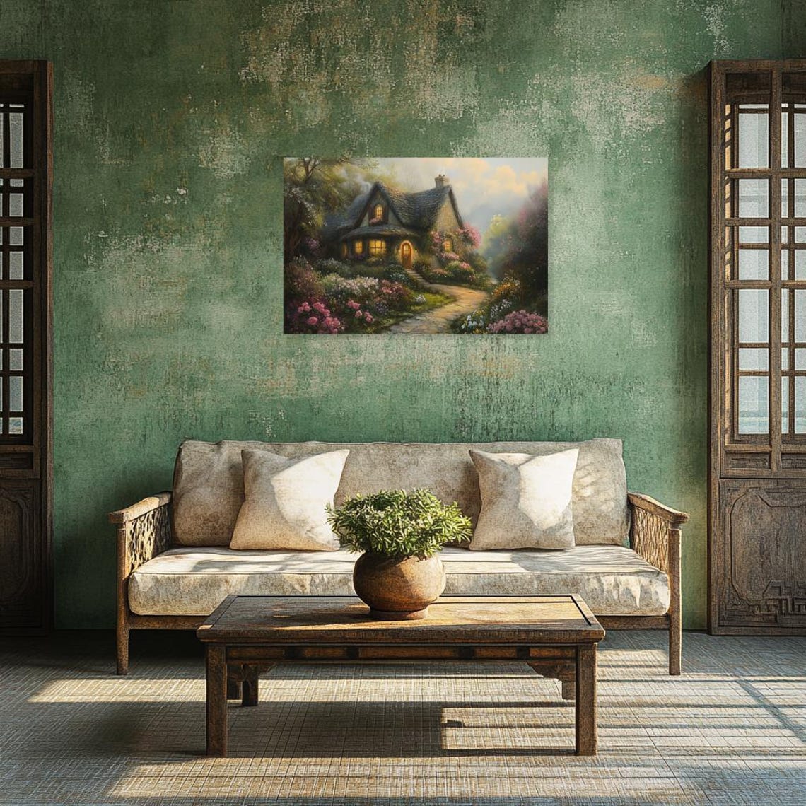Charming Stone Cottage Garden Path in Soft Morning Light Poster - Image 2