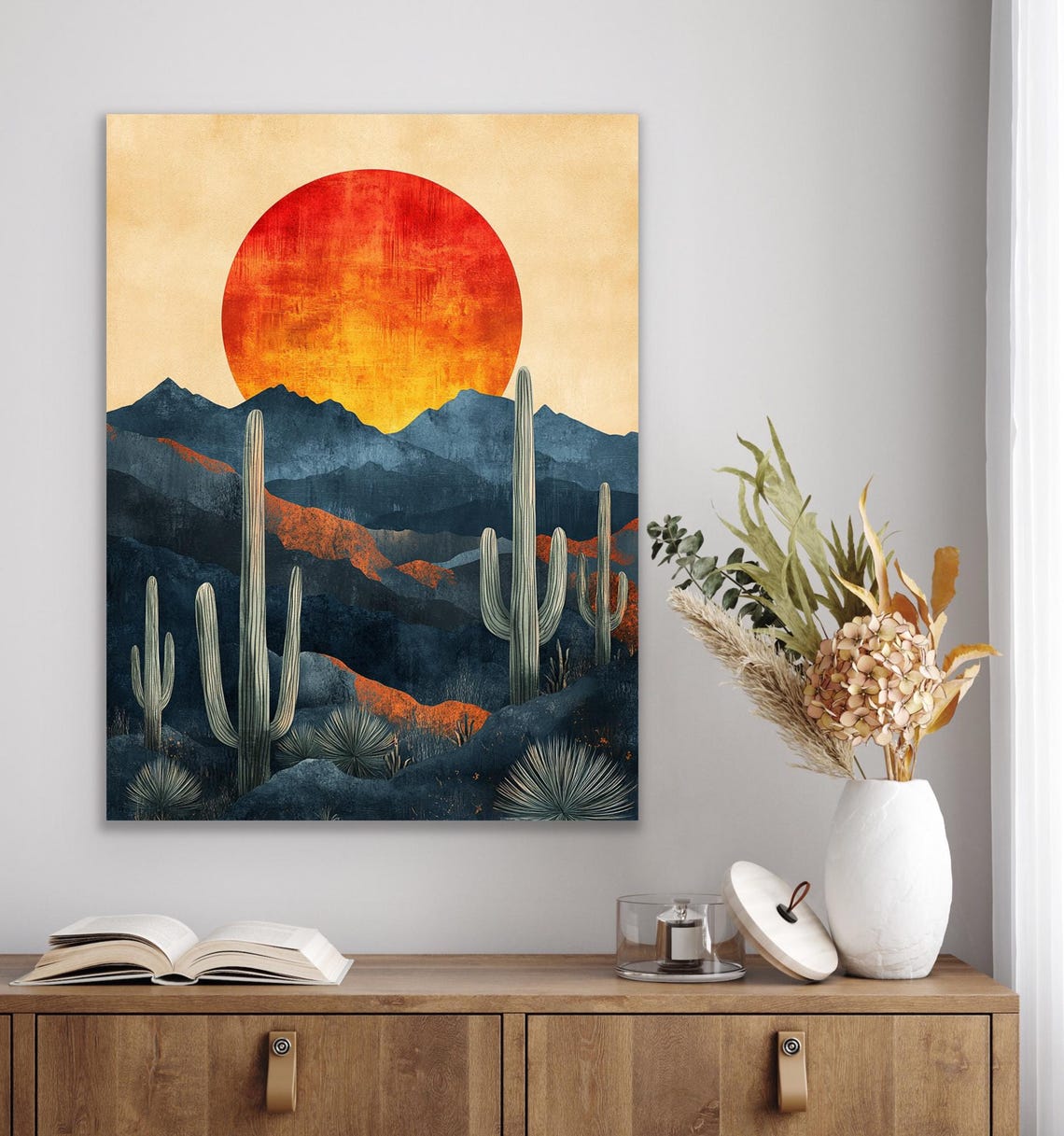 Arizona Desert Sunset Red Sun Saguaro Cacti Blue Mountains Art Poster - Image 2