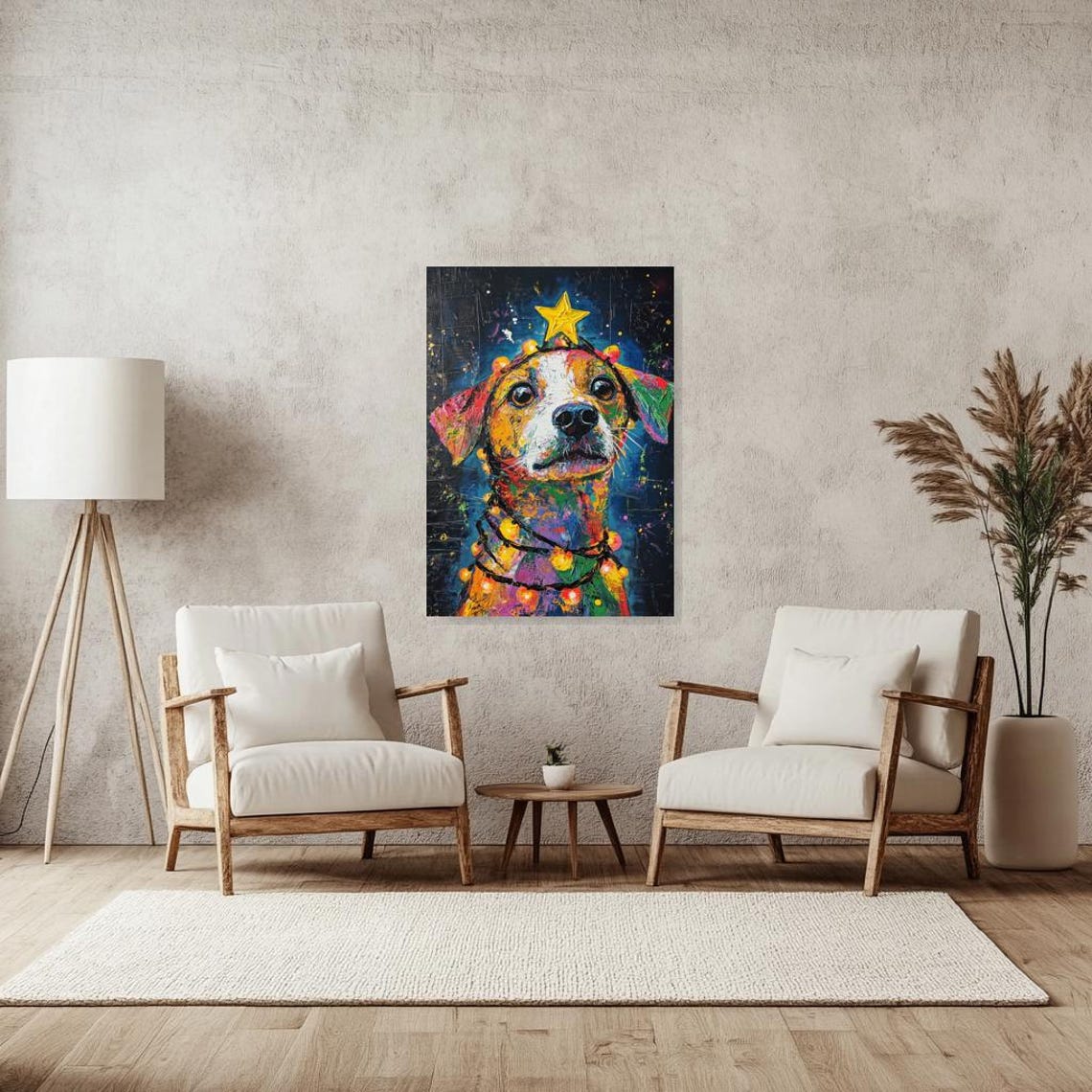 Vibrant Rainbow Dog with Christmas Lights and a Golden Star Poster - Image 2