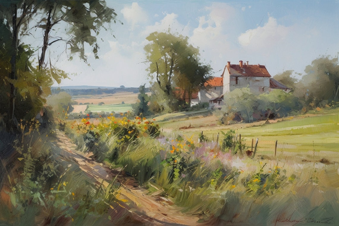 French Countryside Farmhouse Summer Wildflowers Path Scene Poster