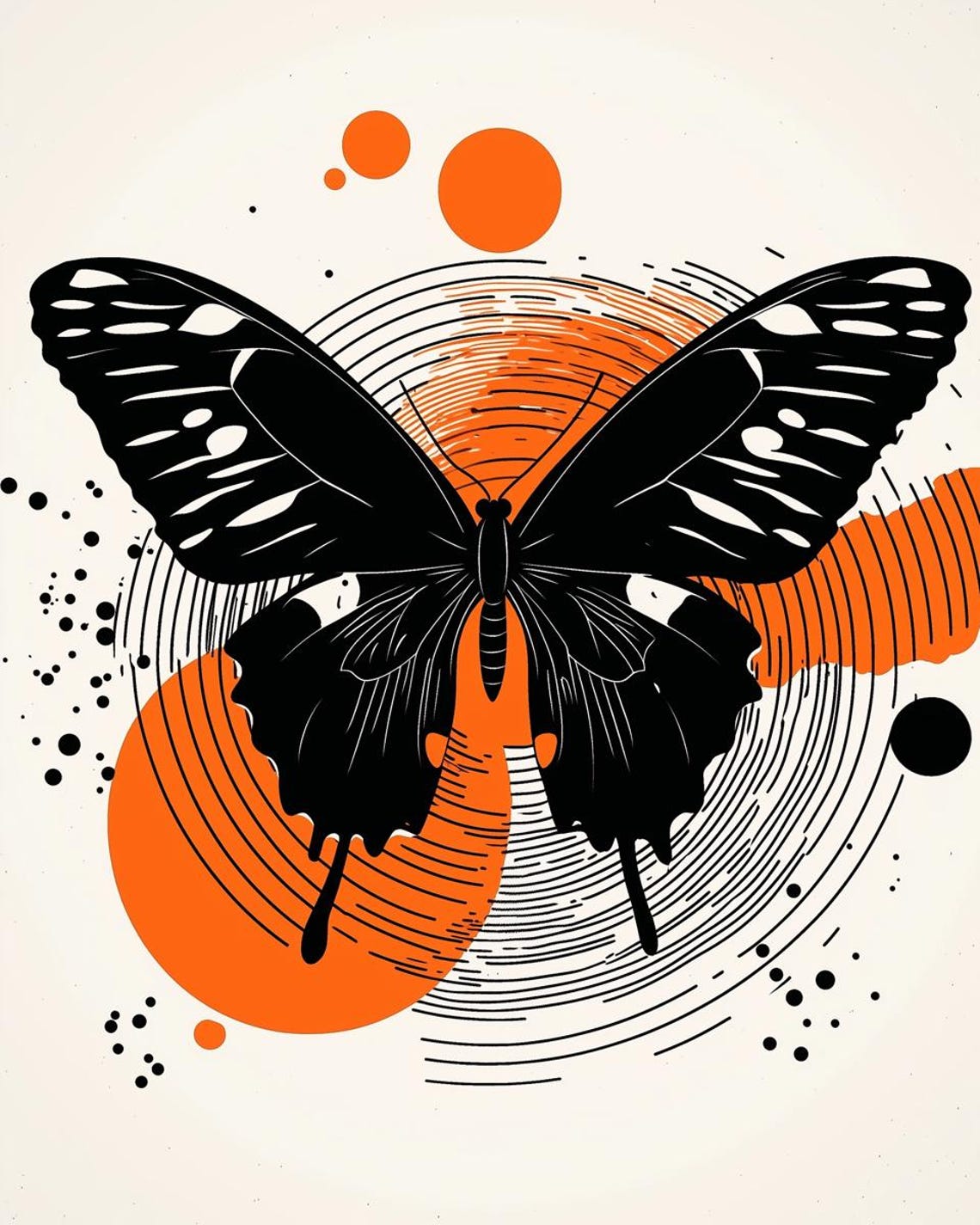 Bold Black Butterfly Orange Circles Graphic Line Art Modern Poster