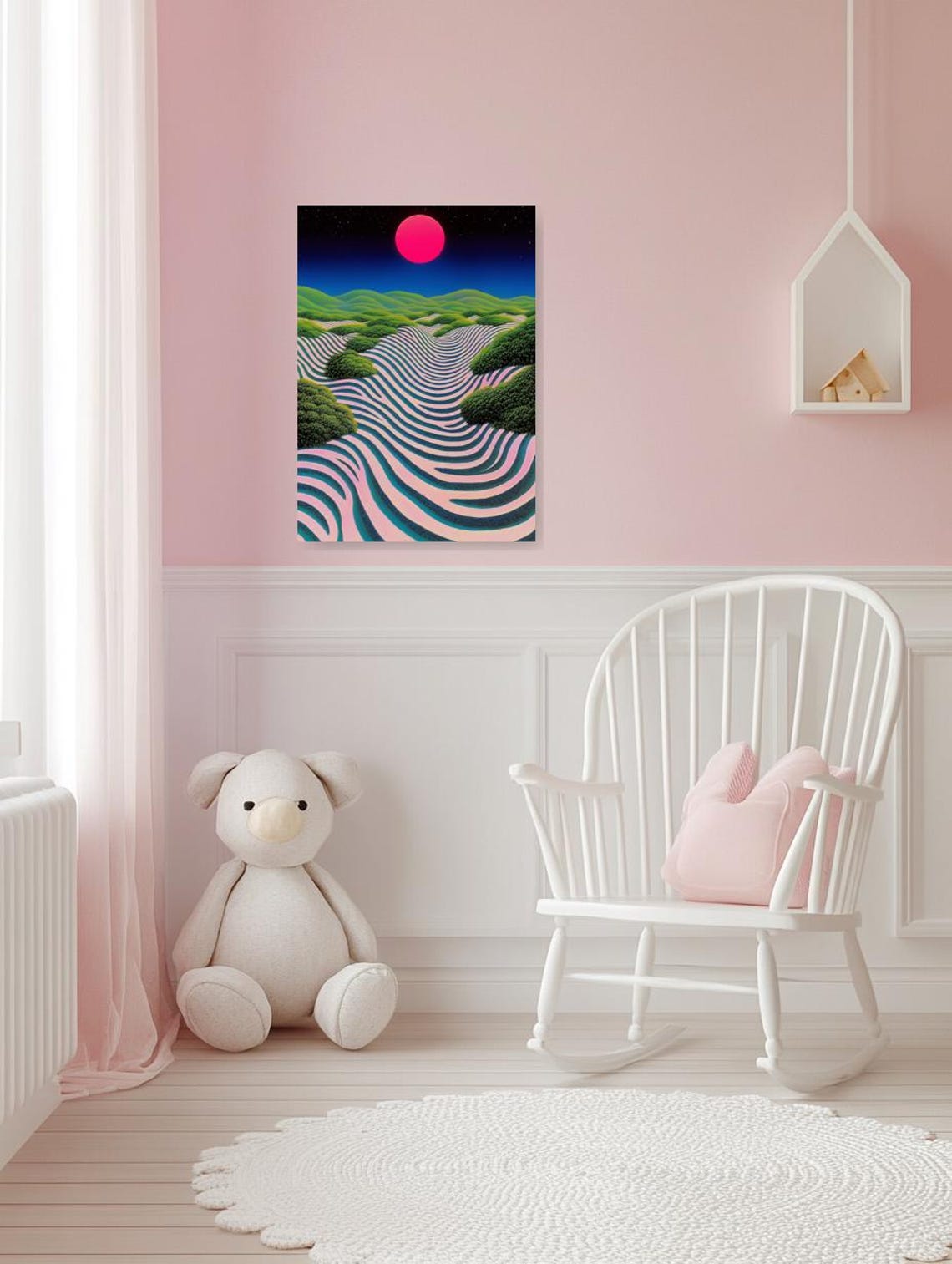 Huge Pink Moon over Surreal Striped Green Hills at Night Poster - Image 3