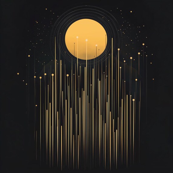 Golden Moon with Radiating Lines Abstract on Black for Modern Home Decor Poster