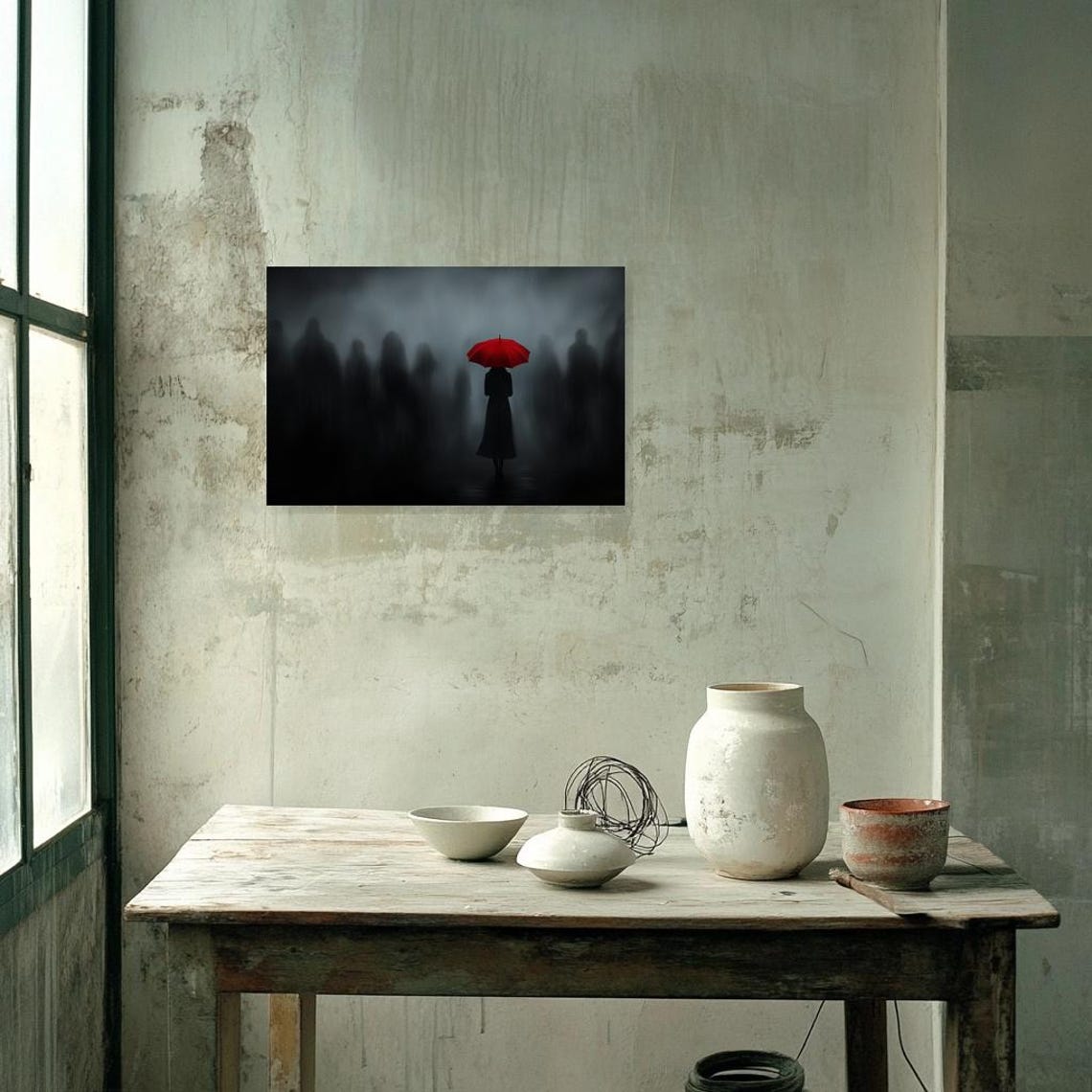 Red Umbrella Figure Dark Foggy Crowd Minimal Dramatic Poster - Image 3