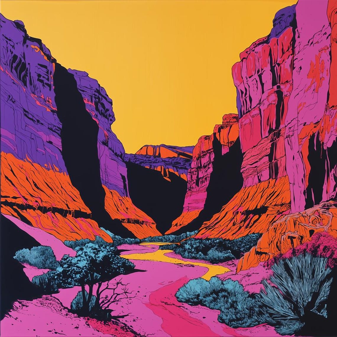 Neon Pop Art Canyon Sunset with Purple Cliffs and Pink River Poster