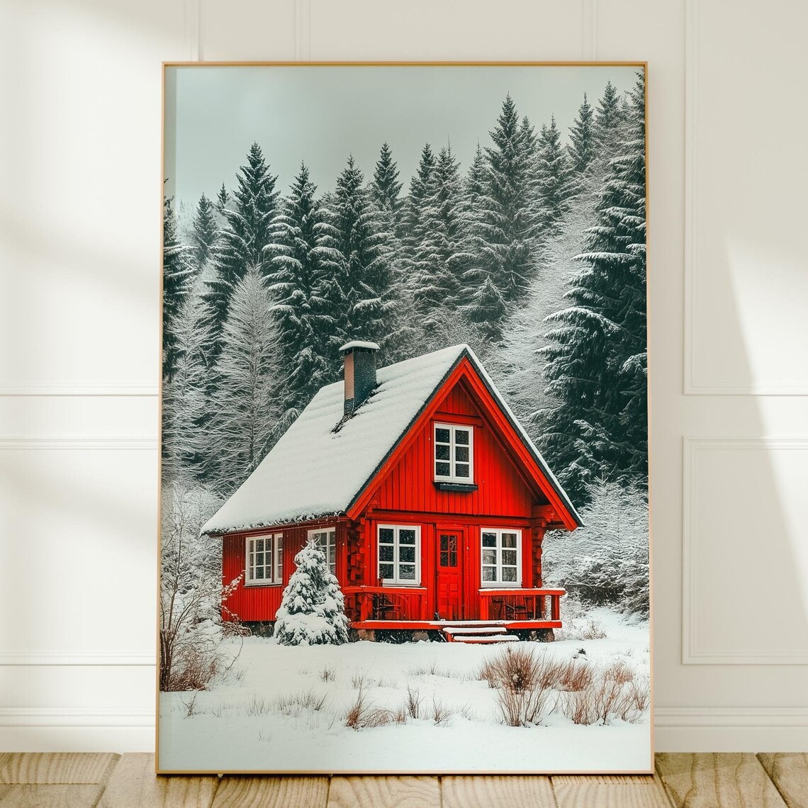 Red Cabin Snowy Forest Winter Wonderland Photography Art Print
