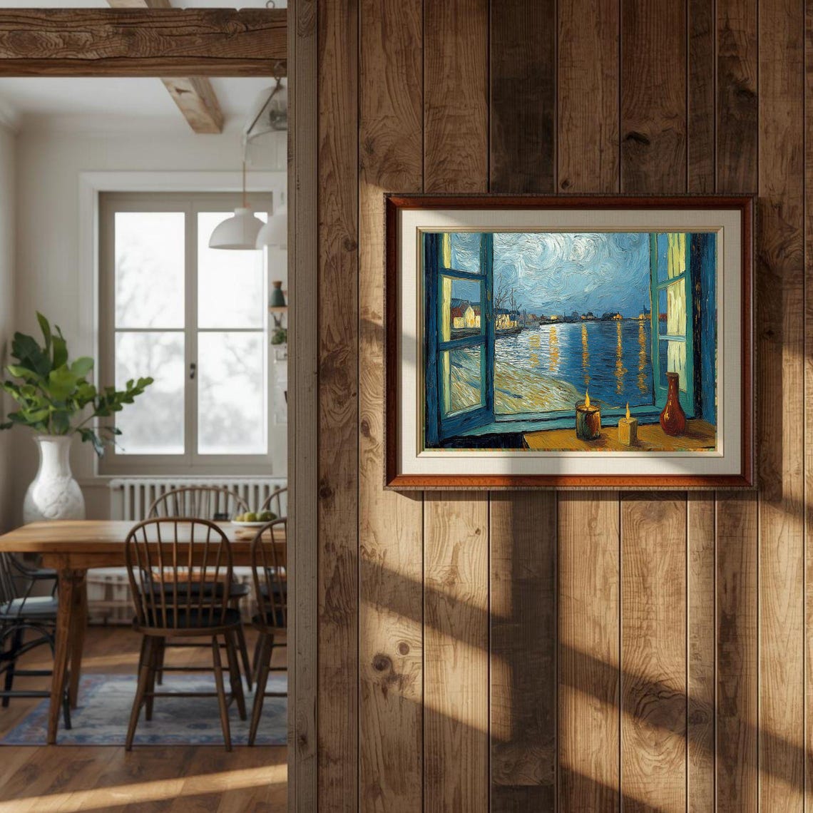 Van Gogh Style Starry Night Window Harbor Candle Light Poster