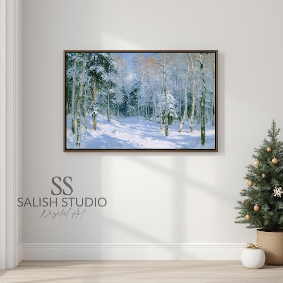 Snowy Birch Forest in Winter Sunlight Impressionist Landscape Poster