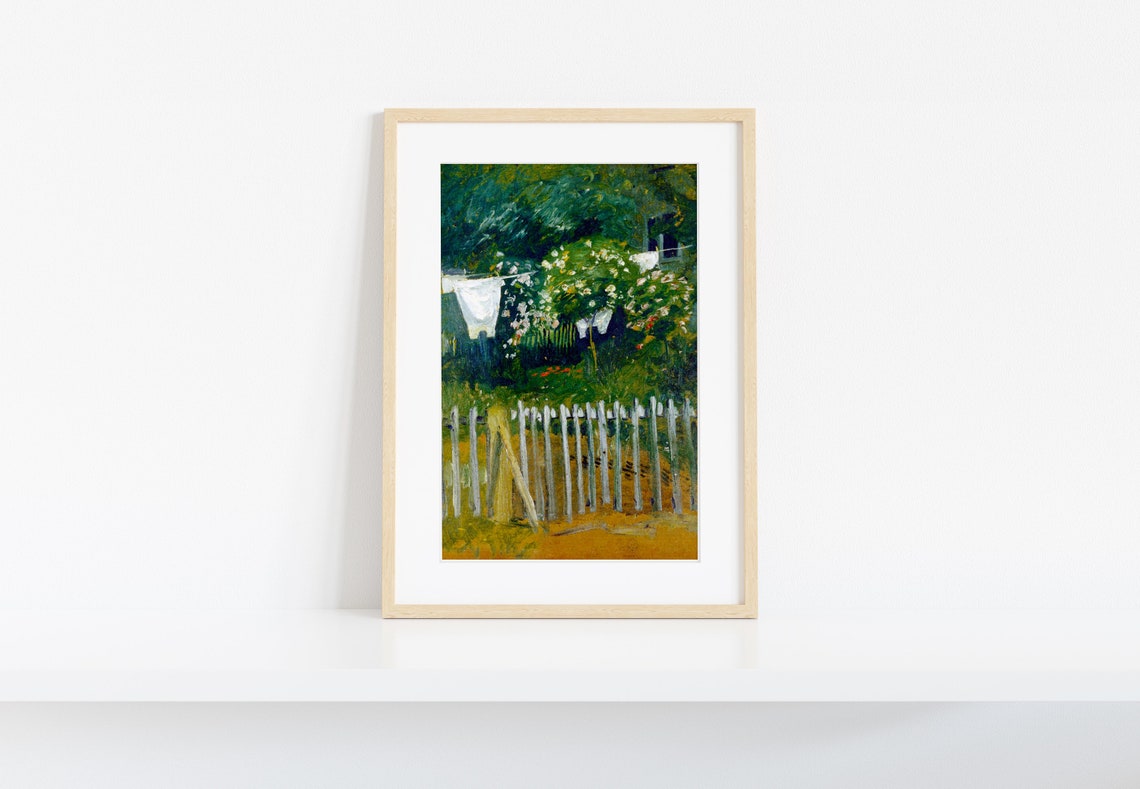 Vintage Laundry Line Picket Fence Impressionist Garden Painting Poster - Image 2