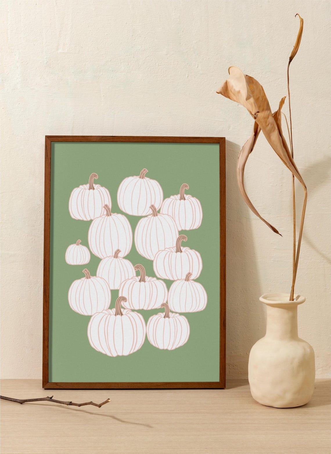 White Pumpkins Line Art On Sage Green Fall Autumn Season Print - Image 3