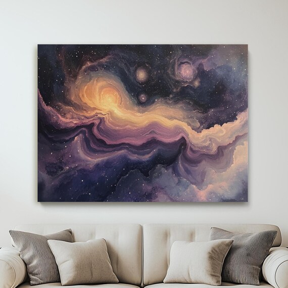 Cosmic Dreamy Abstract Canvas Print Dark Starry Conceptional Wall Art Marbling Night Sky Dimensional And Giclee Fine