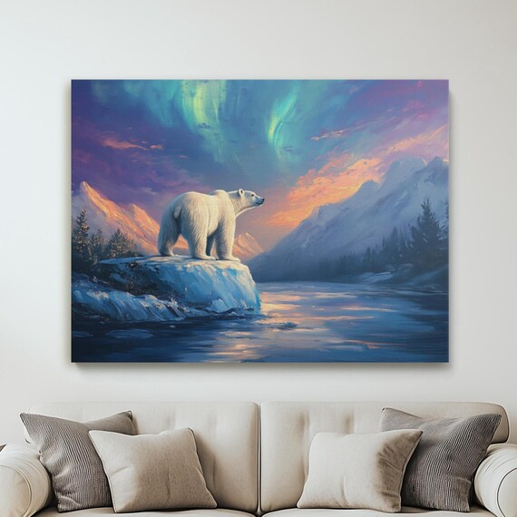 Polar Bear Northern Lights Canvas Painting Colorful Arctic Sunset Oil Aurora Borealis Stunning Landscape Fine Art Giclee Print