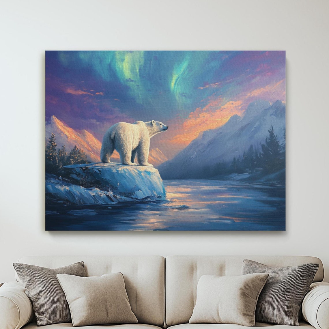 Polar Bear Under Northern Lights Colorful Arctic Sunset Poster