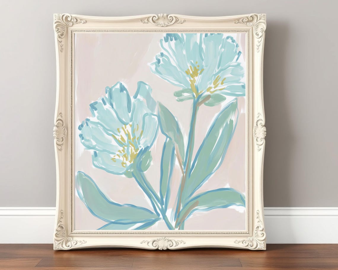 Pastel Blue Floral Print, Minimalist Coastal Botanical Art