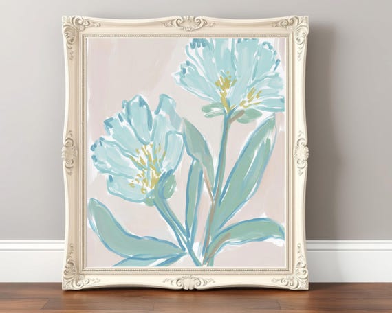 Pastel Blue Floral Print, Minimalist Coastal Botanical Art