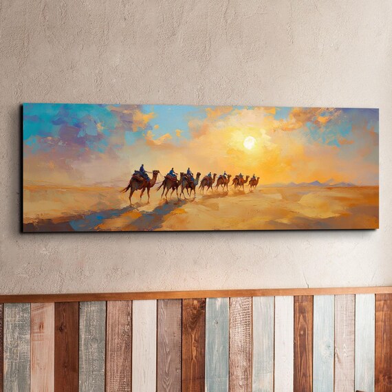 Camels In The Dunes Desert Oil Painting Ready To Hang Panoramic Wall Art Print Large Wall Art Panoramic Wall Art