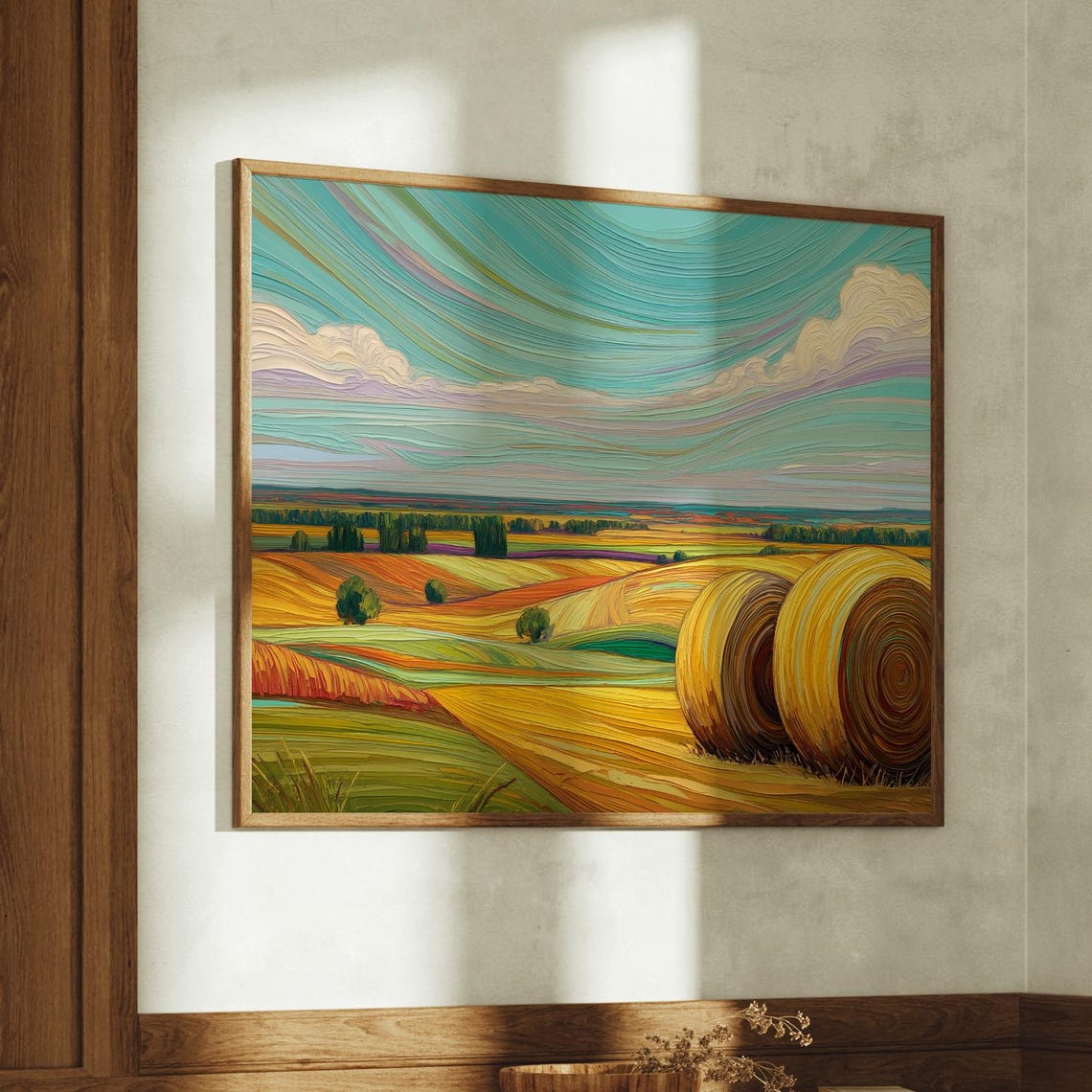 Golden Hay Bales On Rolling Countryside Fields Impasto Poster