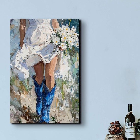 Blue Cowboy Boots Retro Ready To Hang Premium Wall Art Print Wall Art Western Wall Art Cowgirl Art