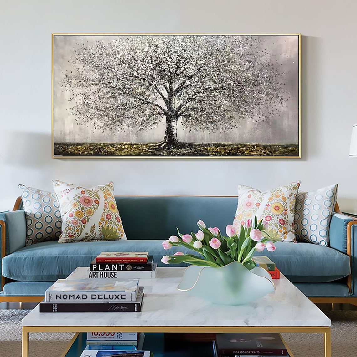 Silver Blossom Tree of Life Panoramic Oil Painting Art Print - Image 3