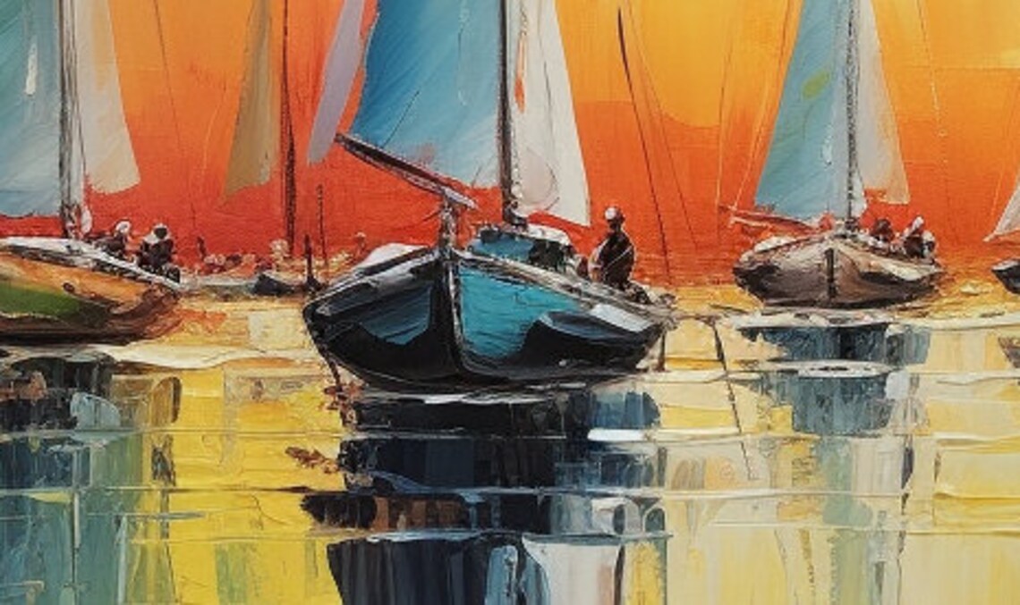 Abstract Sailboats at Sunset Orange Sky Nautical Oil Painting Poster - Image 2