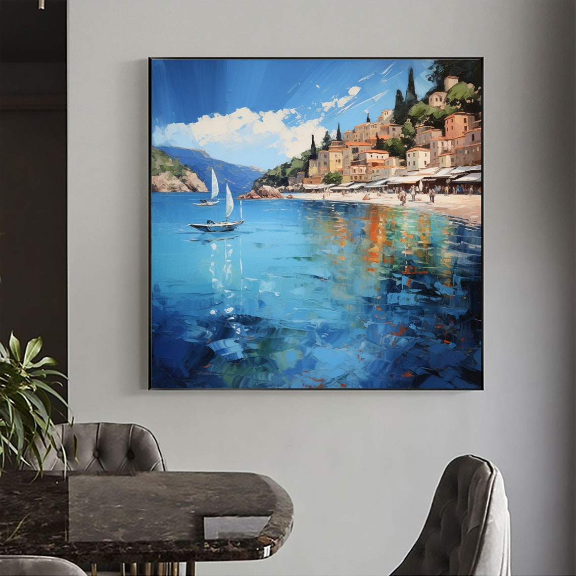 Mediterranean Coastal Cityscape with Sailboats Seaside Oil Poster - Image 5