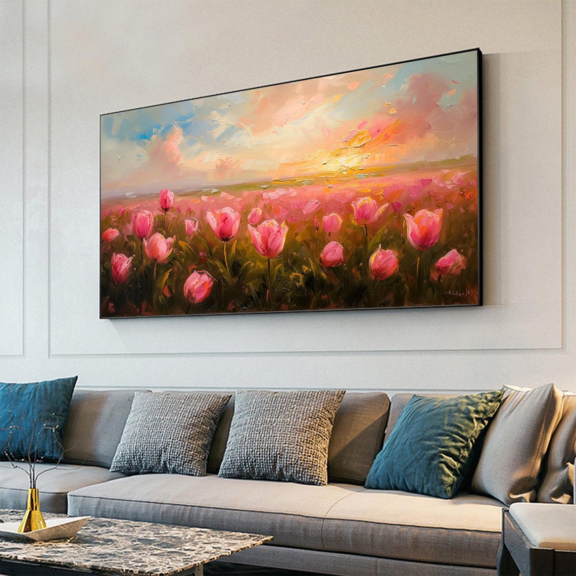 Pink Tulip Field at Golden Sunset Panoramic Oil Painting Art Print - Image 5