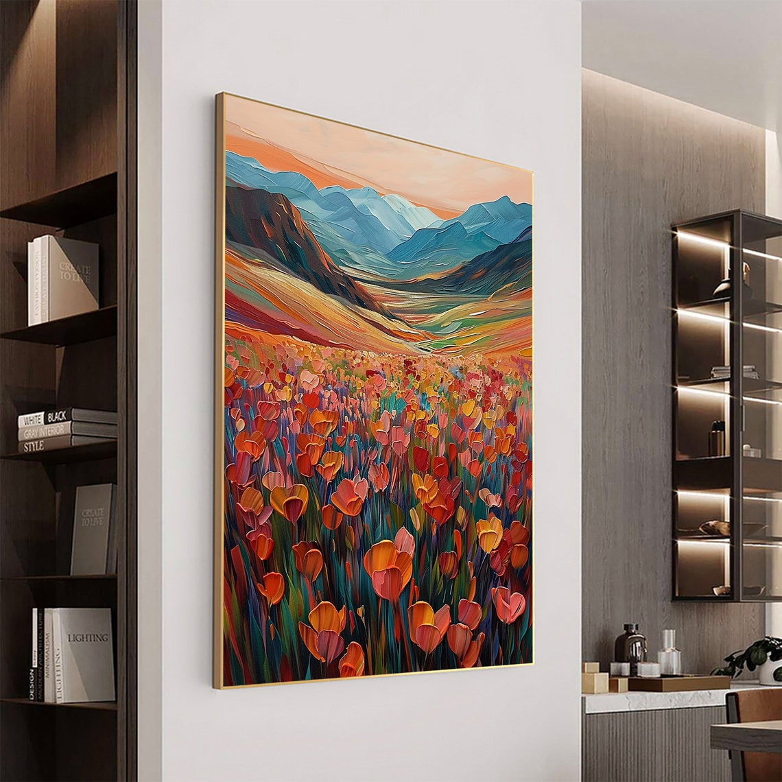 Sunset Glowing Over Red Tulip Fields Before Blue Peaks Poster - Image 3