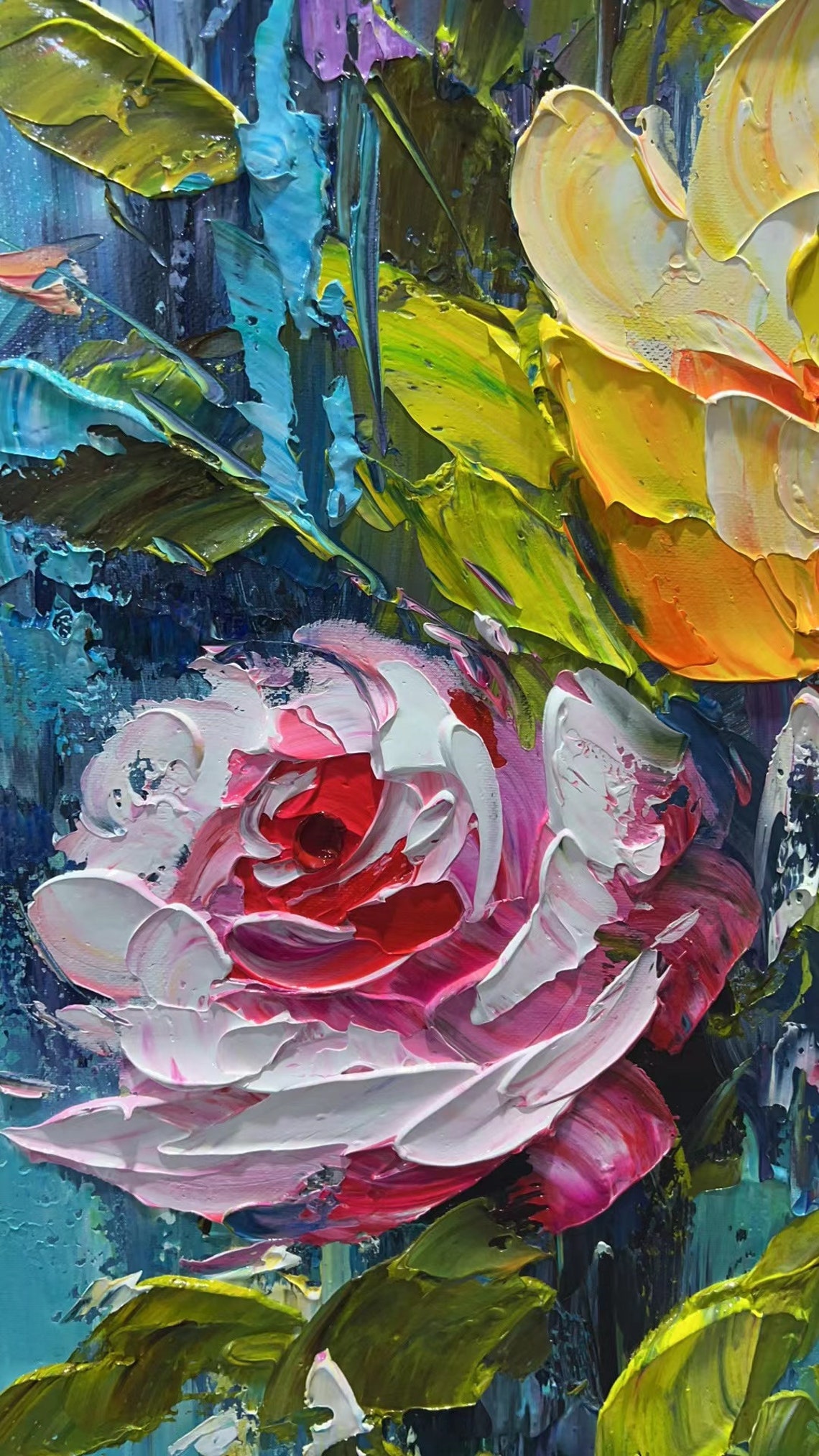 Abstract Pink Orange Roses on Blue Textured Oil Painting Poster - Image 2