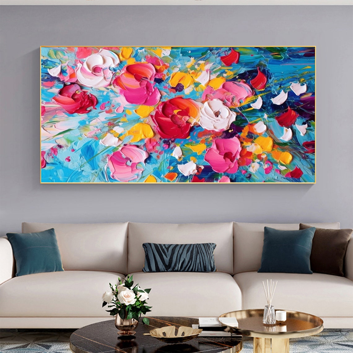 Blooming Roses Sky Blue Background Knife Texture Floral Poster - Image 3