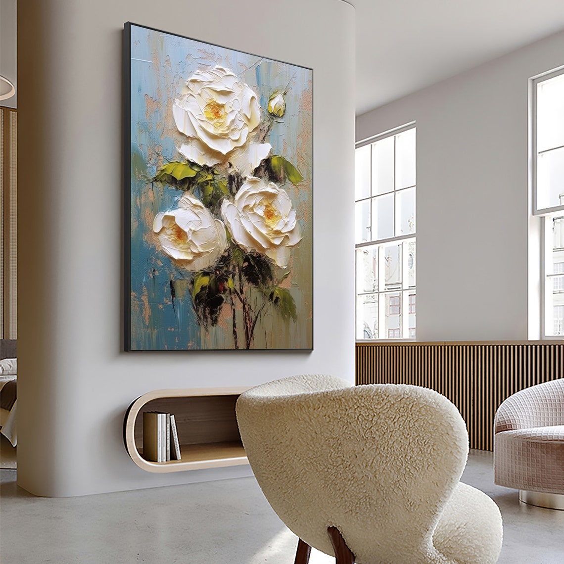 White Impasto Roses Blooming on Textured Blue Background Poster - Image 4