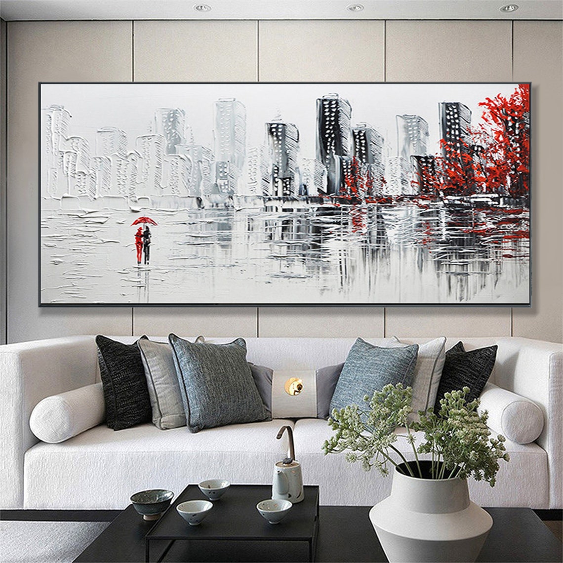 Couple Under Red Umbrella in White Cityscape With Red Trees Poster - Image 2