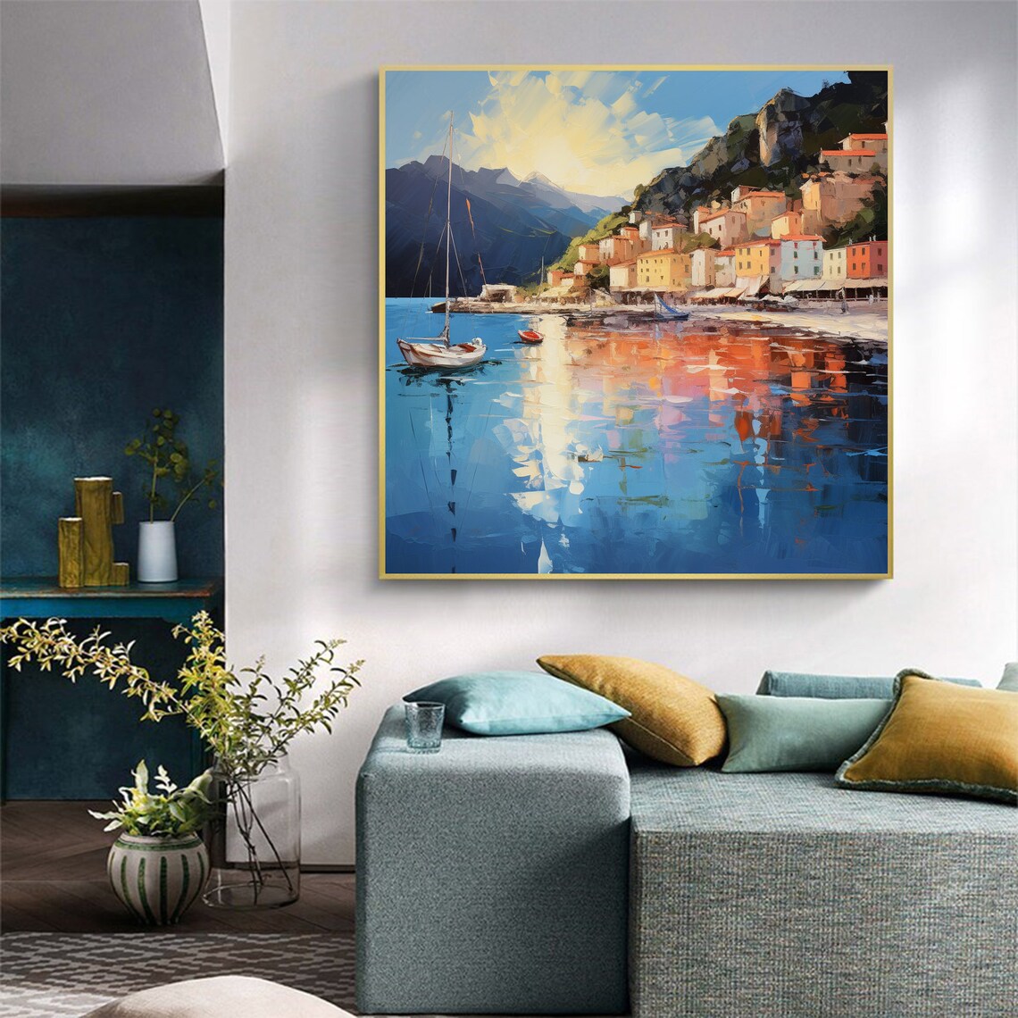 Mediterranean Coastal Village Harbor Sailboat Blue Water Poster - Image 6