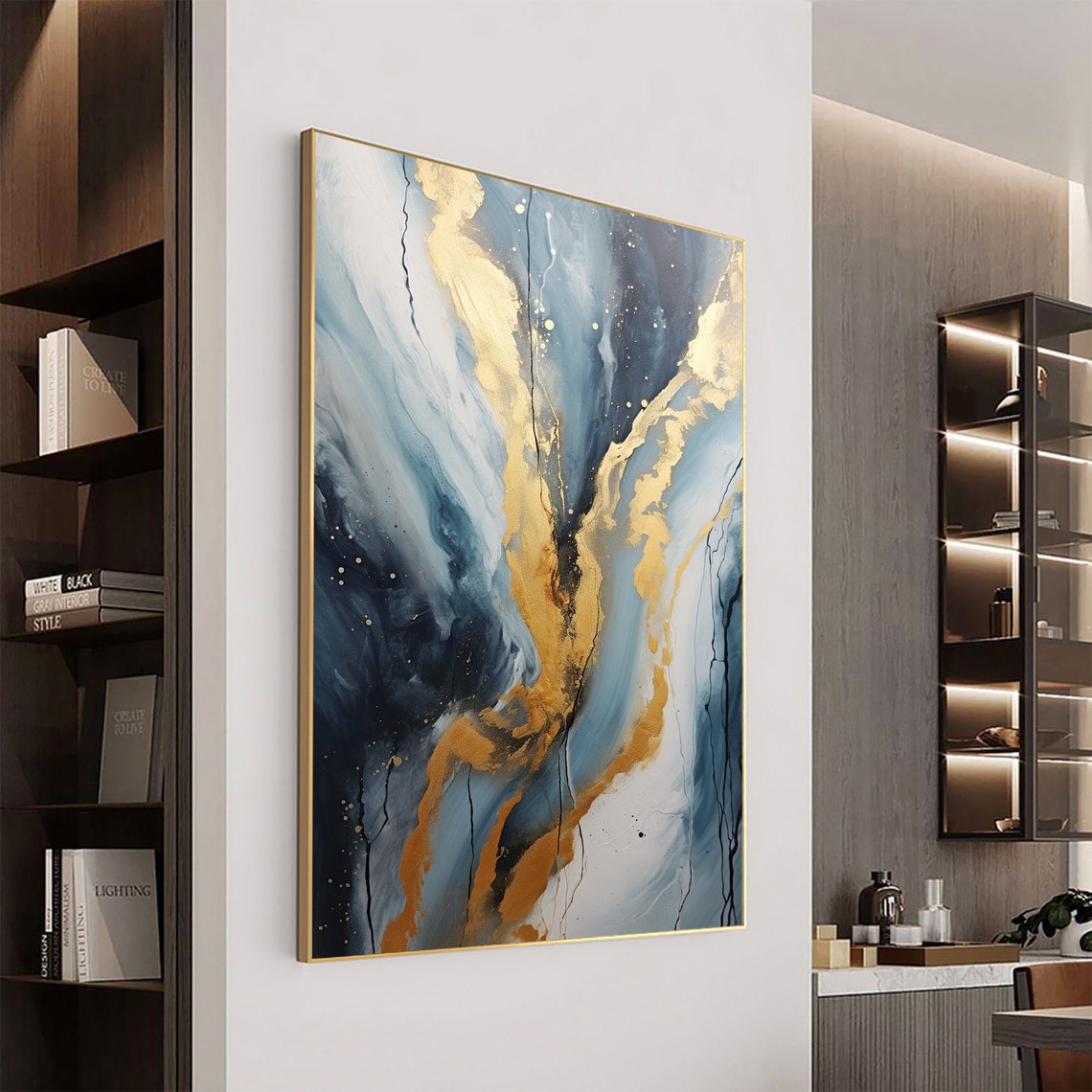 Blue Gray Gold Vein Marble Abstract Vertical Oil Painting Art Print - Image 4