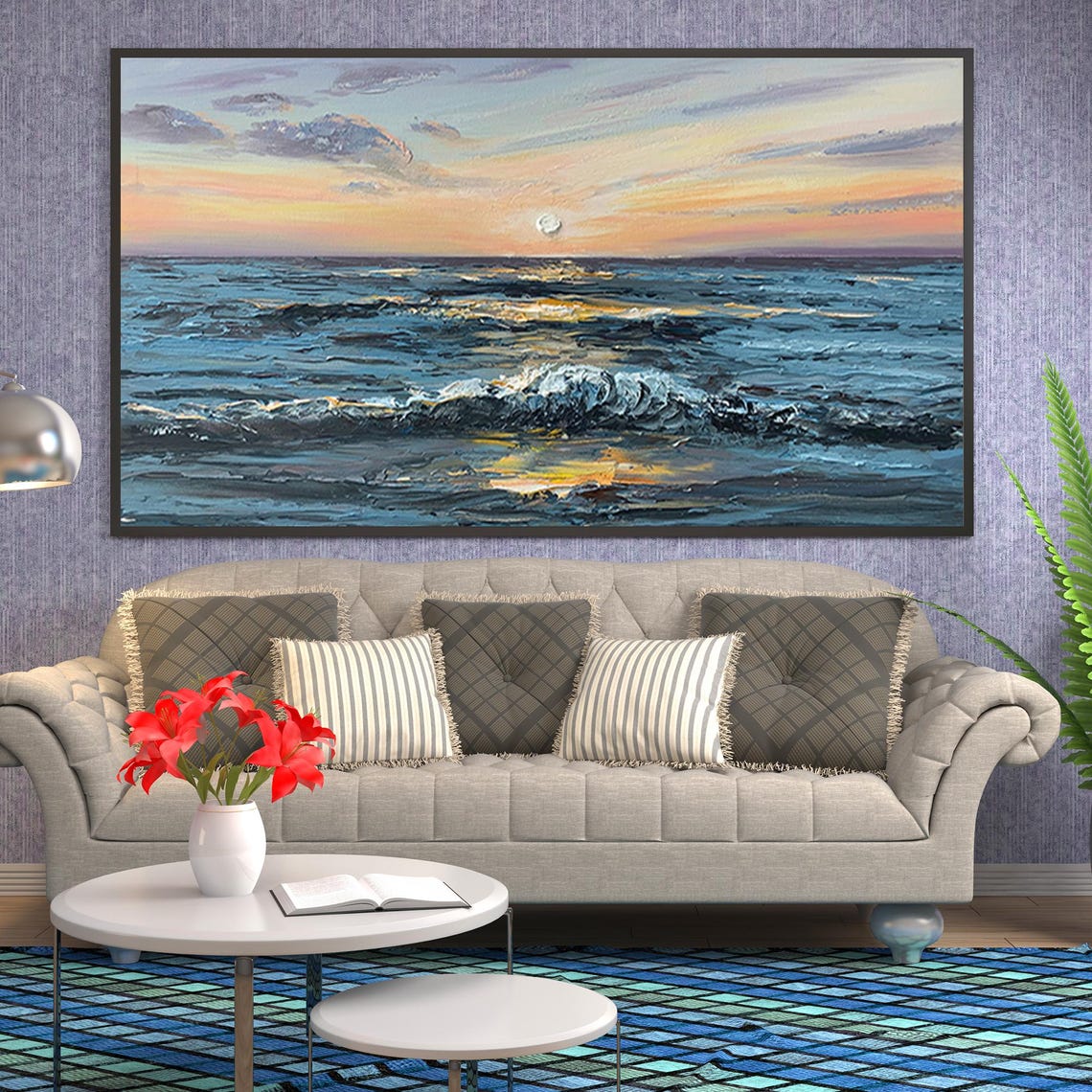 Sunset Ocean Waves Moonrise Textured Seascape Oil Painting Poster - Image 6