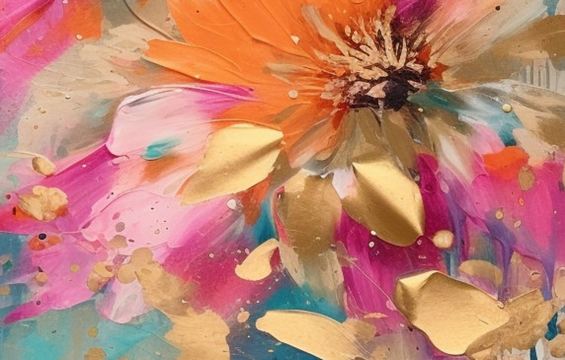 Pink Orange Abstract Blooms Turquoise Gold Drip Floral Poster - Image 4