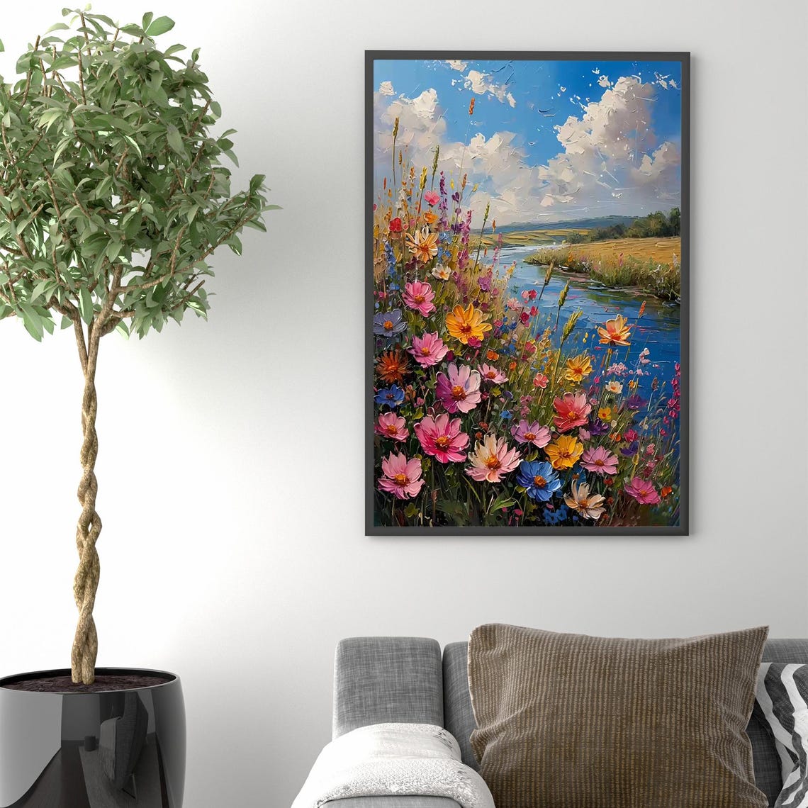 Colorful Wildflower Meadow River Impressionist Oil Painting Poster - Image 2