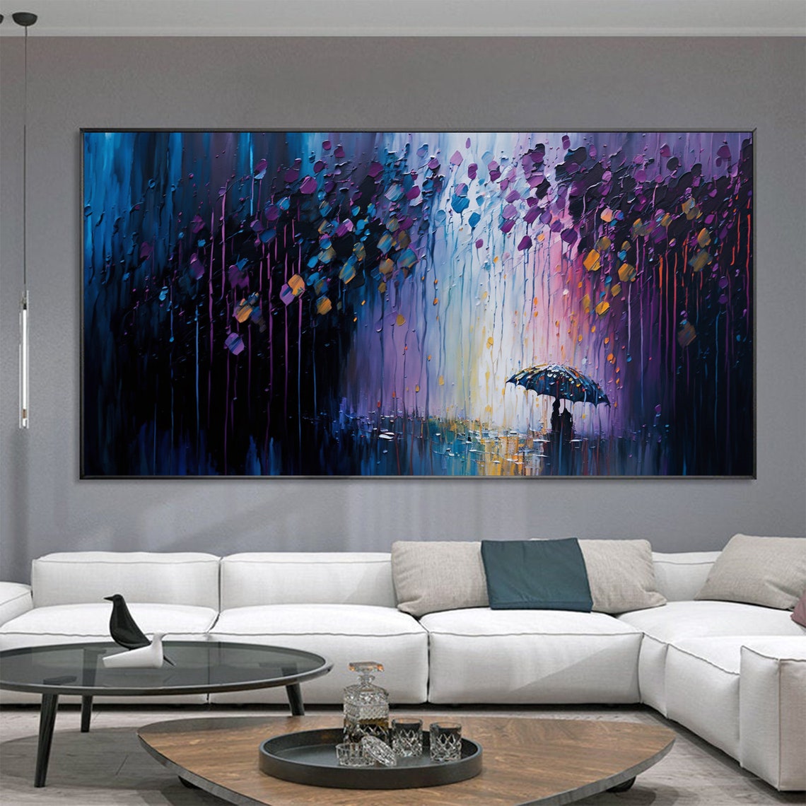 Umbrella Walker in Purple Night Rain Panoramic Oil Painting Art Print - Image 5
