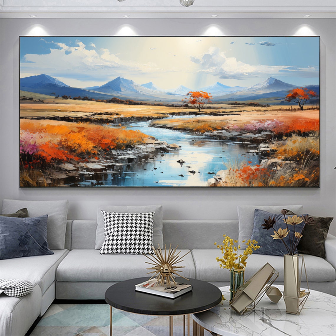 Autumn River Valley Blue Mountains Landscape Oil Painting Poster - Image 6