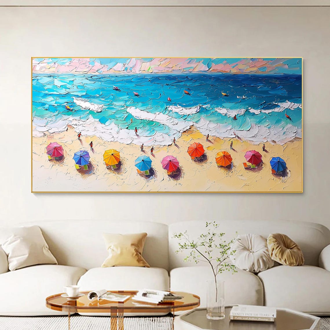 Aerial Beach Umbrellas Turquoise Sea Panoramic Oil Painting Art Print